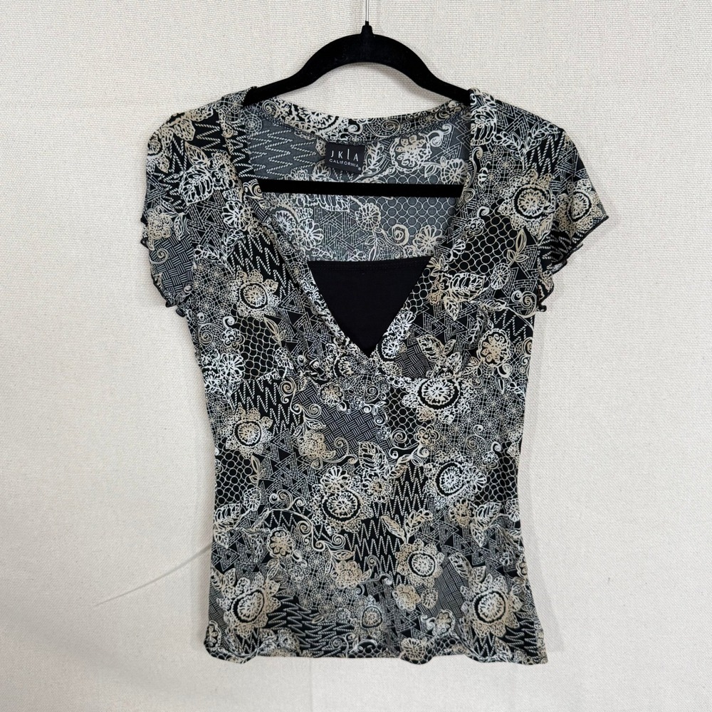 JKLA California Womens V-Neck Floral Mesh Print Cap Sleeve Top Black Tan S